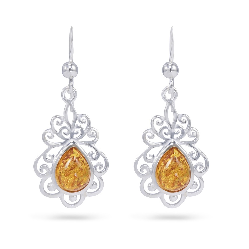 NEW Sterling Silver and Baltic Amber Swirl Hook Earrings